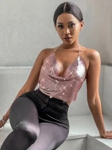 垂褶領露背金屬質感鏈條繞頸上衣 - 藕粉色 - 查看 3