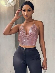 垂褶領露背金屬質感鏈條繞頸上衣 - 藕粉色 - 查看 5