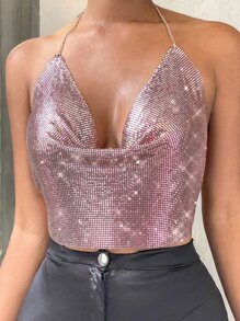 垂褶領露背金屬質感鏈條繞頸上衣 - 藕粉色 - 查看 7