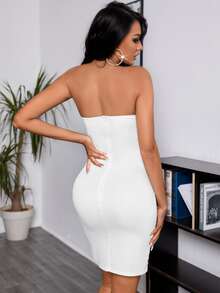 SHEIN SXY 毛茸茸邊下擺開叉緊身抹胸連衣裙 - 白色 - 查看 3