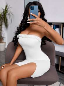 SHEIN SXY 毛茸茸邊下擺開叉緊身抹胸連衣裙 - 白色 - 查看 1