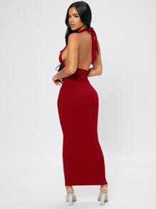 SHEIN PETITE 條紋針織後背繫帶吊脖緊身洋裝 - 酒紅色 - 查看 2