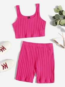 SHEIN PETITE Conjunto top tank corto tejido de canalé unicolor & Shorts biker