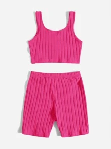 SHEIN PETITE Conjunto top tank corto tejido de canalé unicolor & Shorts biker