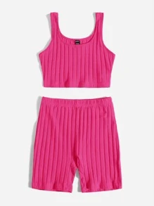 SHEIN PETITE Conjunto top tank corto tejido de canalé unicolor & Shorts biker