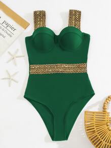 Stitch Detail Push Up One Piece Swimsuit Summer - Army Green - View 4