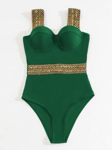 Stitch Detail Push Up One Piece Swimsuit Summer - Army Green - View 5