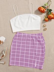 SHEIN EZwear 素色吊帶背心和開叉下擺網格裙套裝 - 紫丁香色 - 查看 1