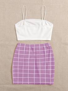 SHEIN EZwear 素色吊帶背心和開叉下擺網格裙套裝 - 紫丁香色 - 查看 2