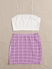 SHEIN EZwear 素色吊帶背心和開叉下擺網格裙套裝 - 紫丁香色 - 查看 3