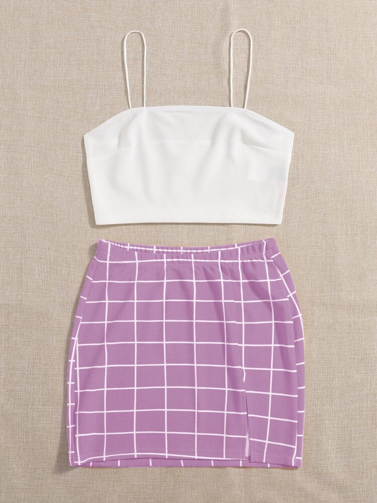 SHEIN EZwear 素色吊帶背心和開叉下擺網格裙套裝 - 紫丁香色 - 查看 3