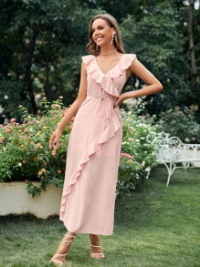 Đầm Thắt nút Xù màu trơn Thanh lịch - Màu Hồng baby - Xem 1