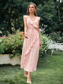 Đầm Thắt nút Xù màu trơn Thanh lịch - Màu Hồng baby - Xem 4