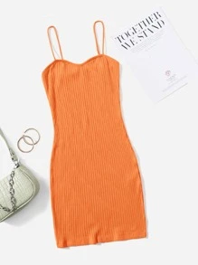 SHEIN EZwear Vestido ajustado tejido de canalé unicolor - Naranja - Ver 1