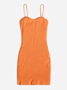 SHEIN EZwear Vestido ajustado tejido de canalé unicolor - Naranja - Ver 4