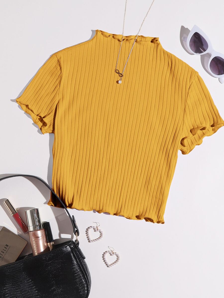 Muchica Áo thun nữ Xù nhỏ Gân đan màu trơn Giải trí - Màu Mù tạt vàng - Xem 1