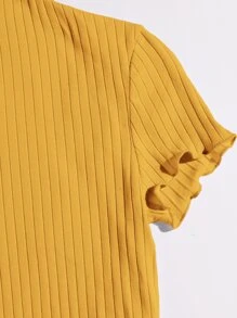 Muchica Áo thun nữ Xù nhỏ Gân đan màu trơn Giải trí - Màu Mù tạt vàng - Xem 4