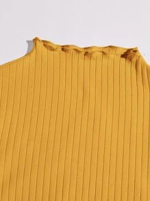 Muchica Áo thun nữ Xù nhỏ Gân đan màu trơn Giải trí - Màu Mù tạt vàng - Xem 5