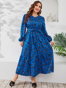 大碼滿版印花燈籠袖繫腰帶洋裝 - 彩色 - 查看 1