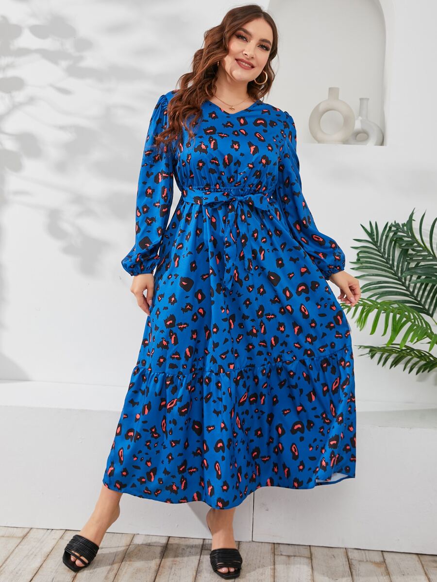 大碼滿版印花燈籠袖繫腰帶洋裝 - 彩色 - 查看 1