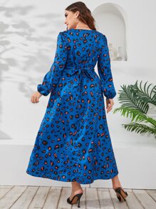 大碼滿版印花燈籠袖繫腰帶洋裝 - 彩色 - 查看 2