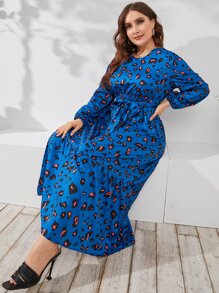 大碼滿版印花燈籠袖繫腰帶洋裝 - 彩色 - 查看 3