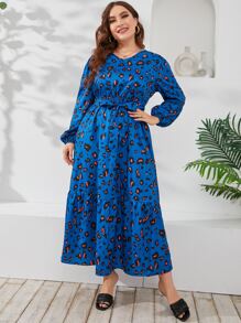 大碼滿版印花燈籠袖繫腰帶洋裝 - 彩色 - 查看 4