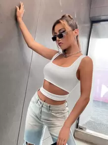 SHEIN Unity Rib Knit Cut Out Tank Top - White - View 3