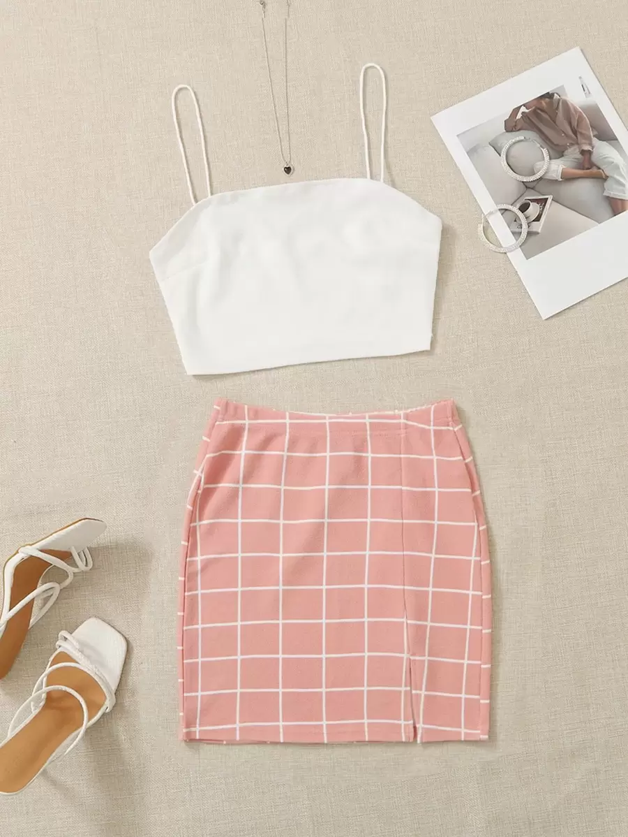 SHEIN EZwear Bộ đồ hai mảnh nữ Chia Sọc ca rô Giải trí - Màu Hồng baby - Xem 1