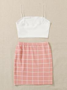 SHEIN EZwear Bộ đồ hai mảnh nữ Chia Sọc ca rô Giải trí - Màu Hồng baby - Xem 2