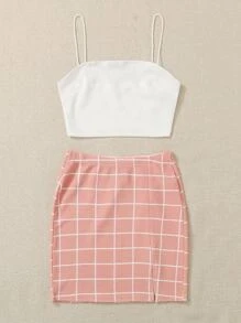 SHEIN EZwear Bộ đồ hai mảnh nữ Chia Sọc ca rô Giải trí - Màu Hồng baby - Xem 4