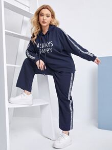 SHEIN Bộ thời trang Plus Size Dây kéo Ruy băng Lá thư Thể thao - Màu xanh hải quân - Xem 2