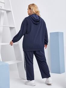 SHEIN Bộ thời trang Plus Size Dây kéo Ruy băng Lá thư Thể thao - Màu xanh hải quân - Xem 3