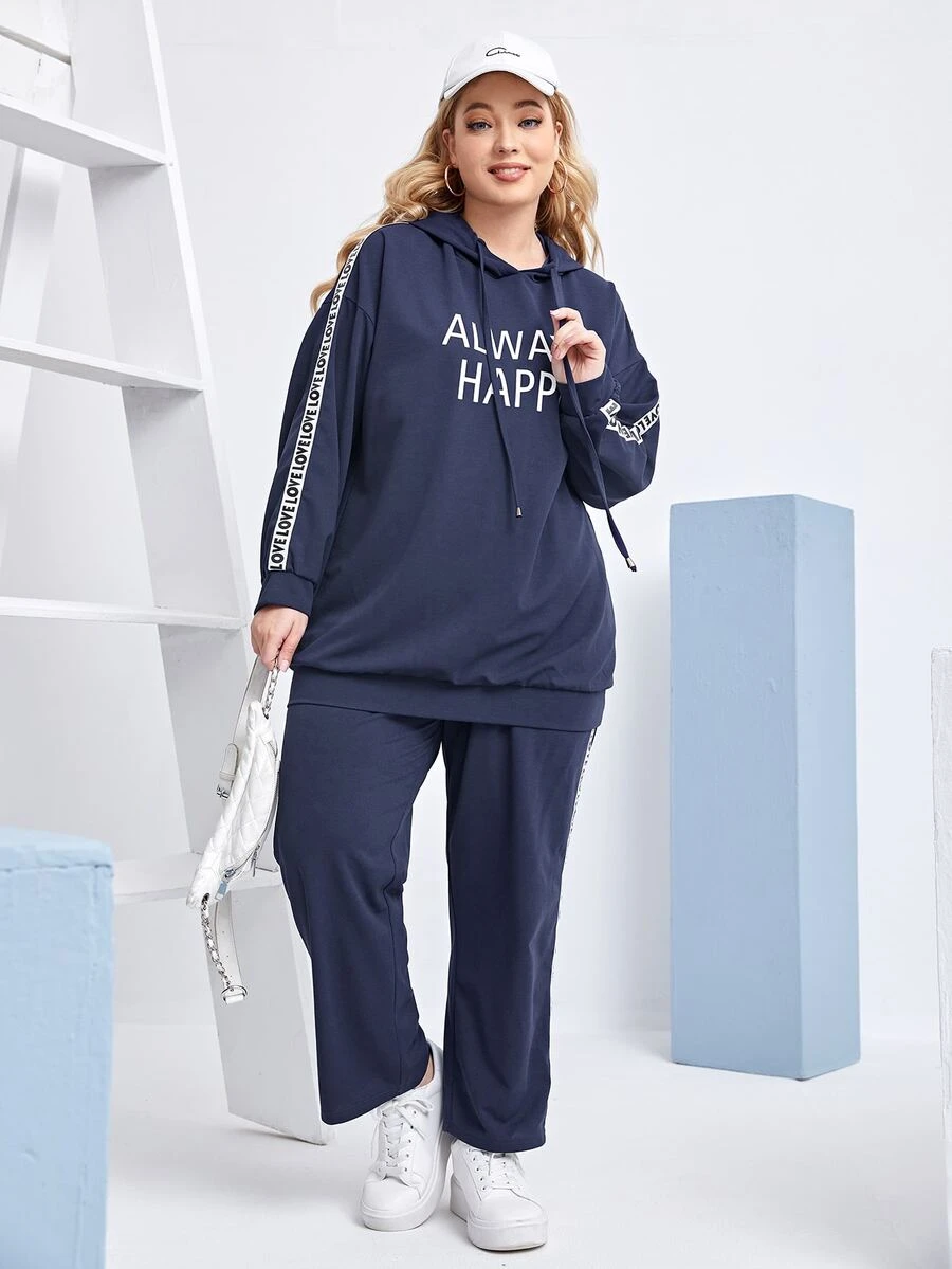 SHEIN Bộ thời trang Plus Size Dây kéo Ruy băng Lá thư Thể thao - Màu xanh hải quân - Xem 1