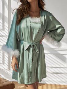 Belted Satin Robe & Fuzzy Trim Cami Dress PJ Set - Mint Green - View 4