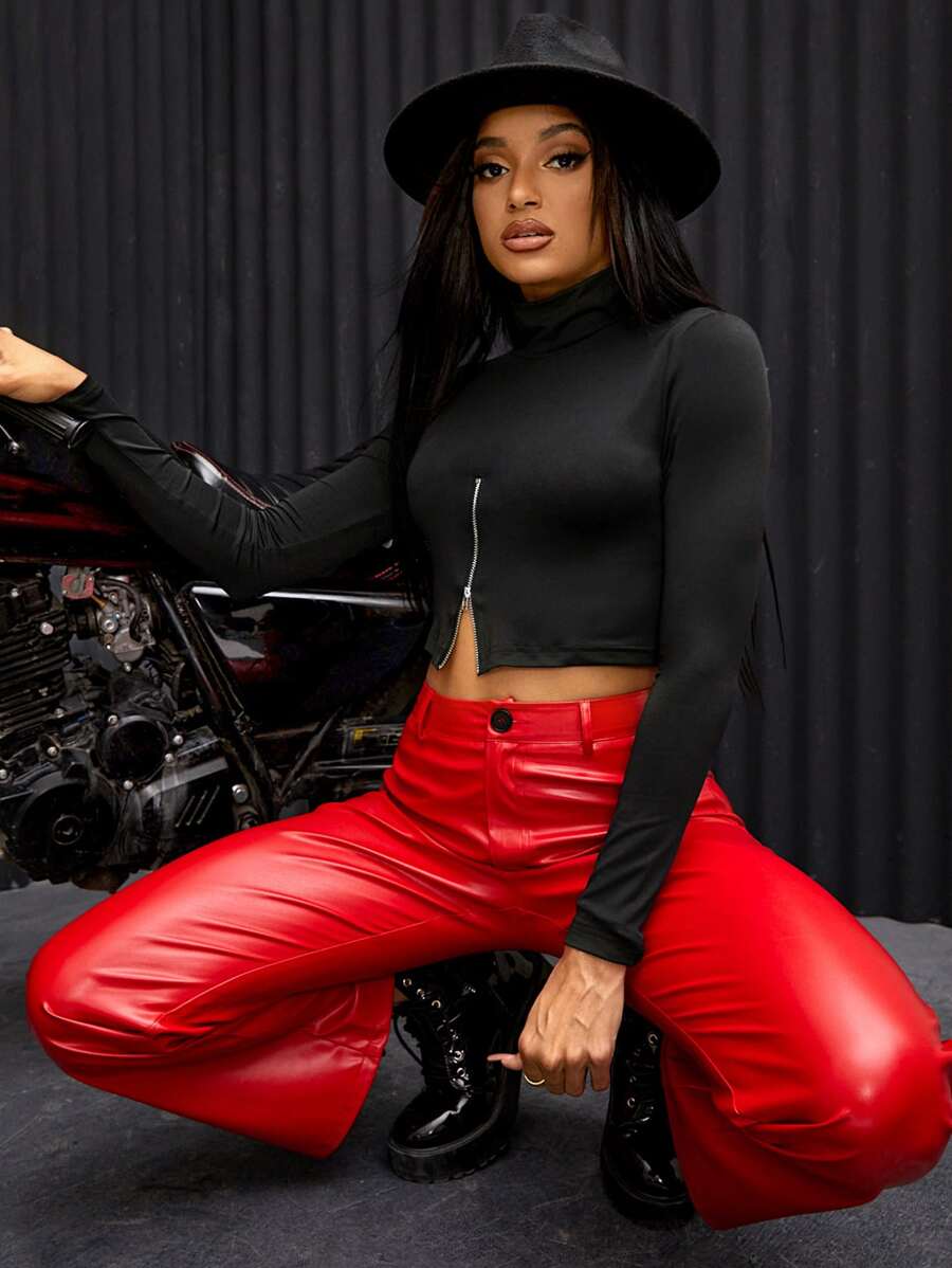 高腰拉鏈細節短款T恤 - 黑色 - 查看 1