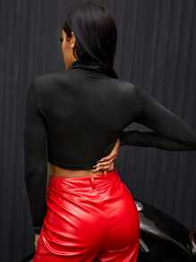 高腰拉鏈細節短款T恤 - 黑色 - 查看 2