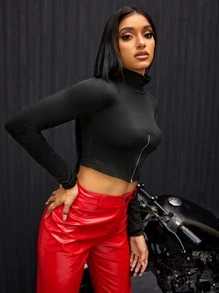 高腰拉鏈細節短款T恤 - 黑色 - 查看 4