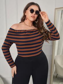 大碼條紋印花一字肩T恤 - 彩色 - 查看 1