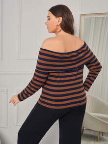 大碼條紋印花一字肩T恤 - 彩色 - 查看 2