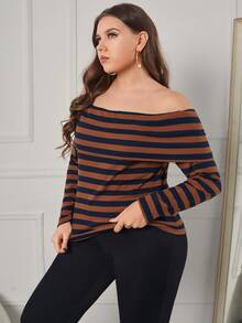 大碼條紋印花一字肩T恤 - 彩色 - 查看 3