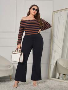 大碼條紋印花一字肩T恤 - 彩色 - 查看 4