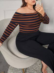 大碼條紋印花一字肩T恤 - 彩色 - 查看 5