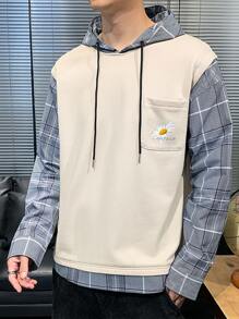 男士花卉圖案和格子呢圖案補丁口袋假兩件連帽衫 - 彩色 - 查看 1