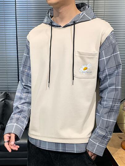 男士花卉圖案和格子呢圖案補丁口袋假兩件連帽衫