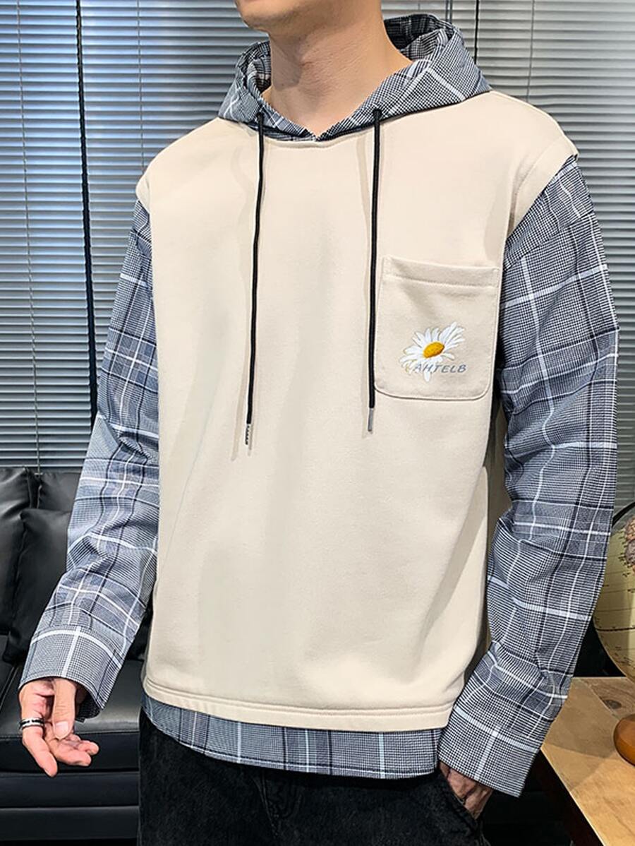 男士花卉圖案和格子呢圖案補丁口袋假兩件連帽衫 - 彩色 - 查看 1