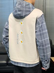 男士花卉圖案和格子呢圖案補丁口袋假兩件連帽衫 - 彩色 - 查看 2