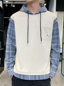 男士花卉圖案和格子呢圖案補丁口袋假兩件連帽衫 - 彩色 - 查看 3