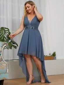 EVERPRETTY Plus Sequin Appliques Mesh Insert High Low Prom Dress - Dusty Blue - View 3