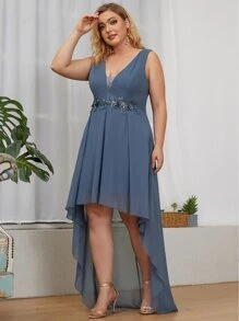 EVERPRETTY Plus Sequin Appliques Mesh Insert High Low Prom Dress - Dusty Blue - View 4